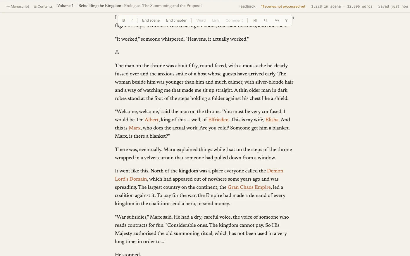 Write mode: the book as one quiet page of prose, with names linked to their pages, and a header saying where you are, how long the scene runs and that it is saved