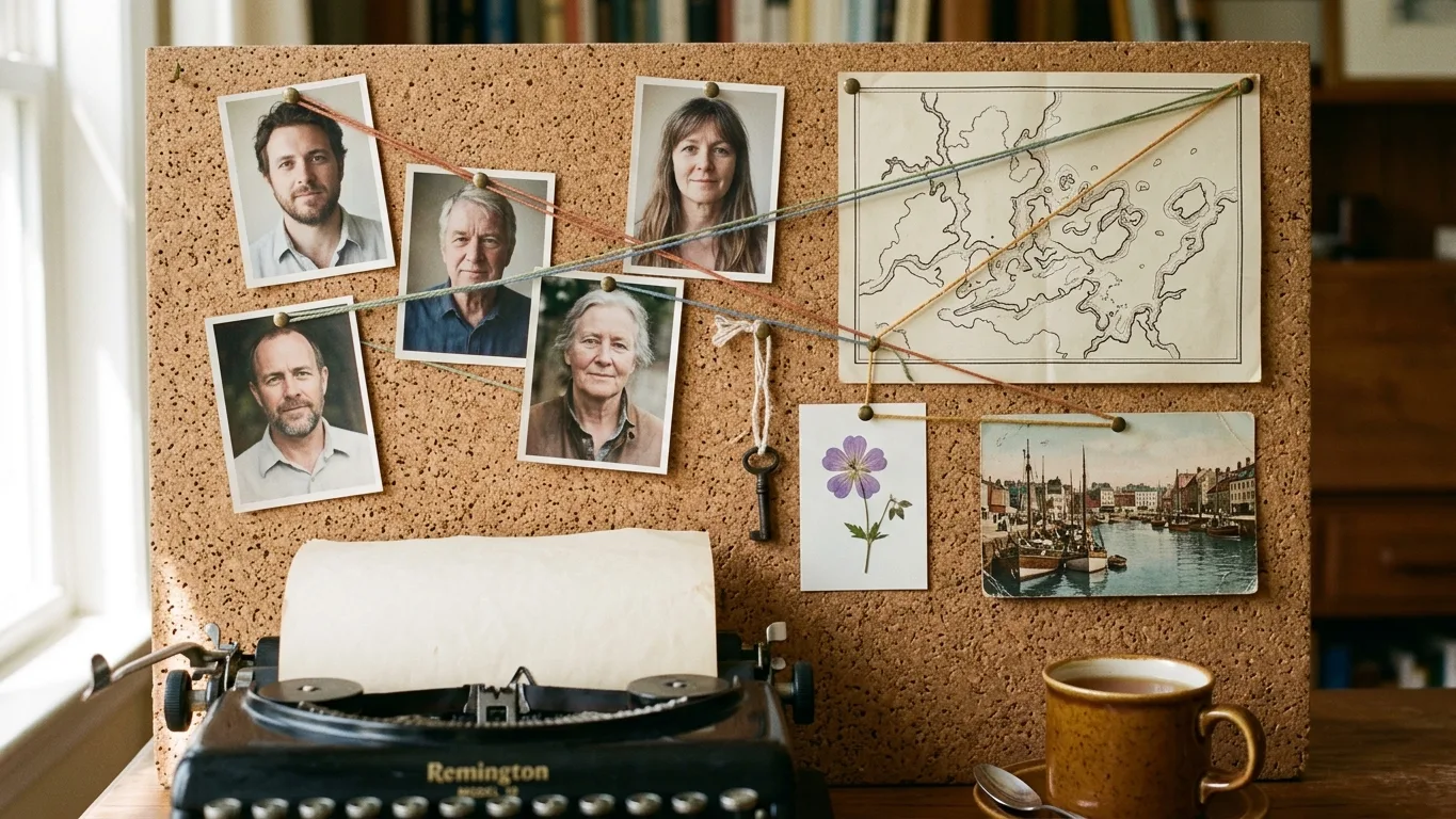 A writer's cork board in afternoon light: pinned portraits of five people, a hand-drawn coastline, a harbour postcard, a pressed flower and an old key, with coloured string running from one to the next, above a typewriter and a cup of tea