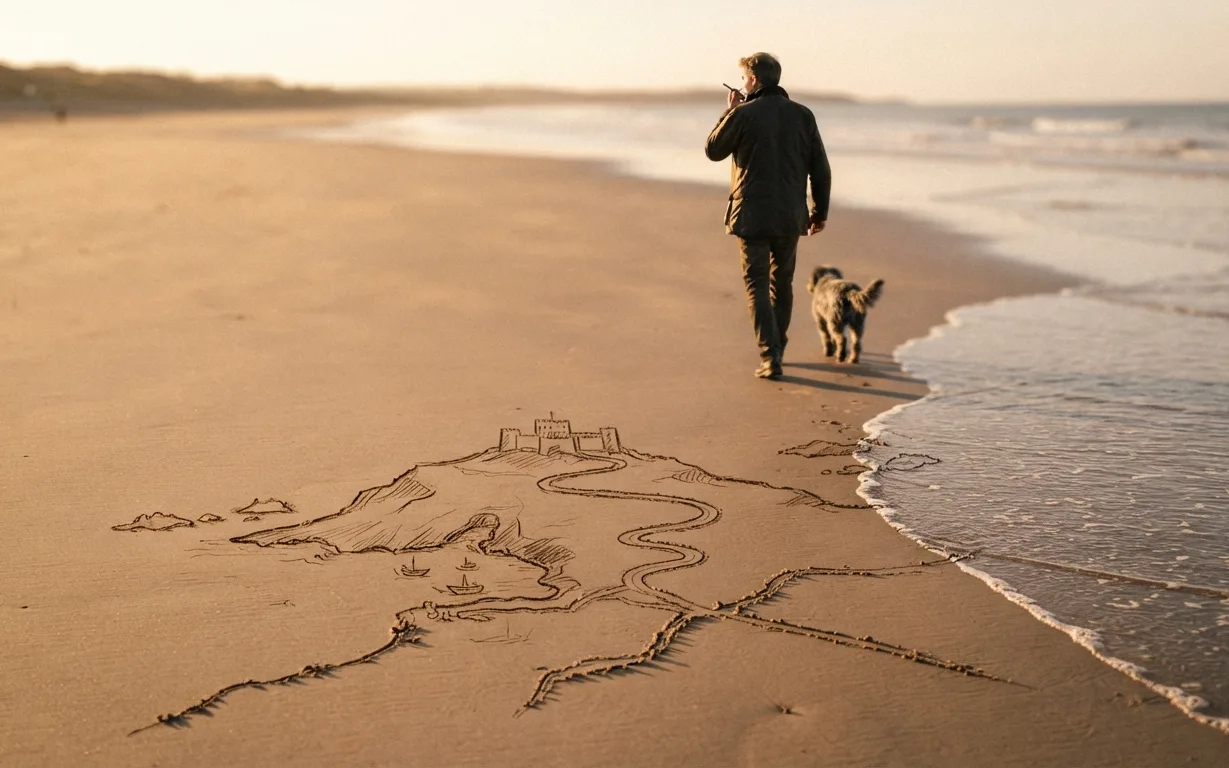 A man walks his dog away along a beach at golden hour, talking into his phone, having left drawn in the wet sand behind him the map he is inventing: a coastline, a castle on its headland, a road and a small harbour, with the tide just reaching its edge