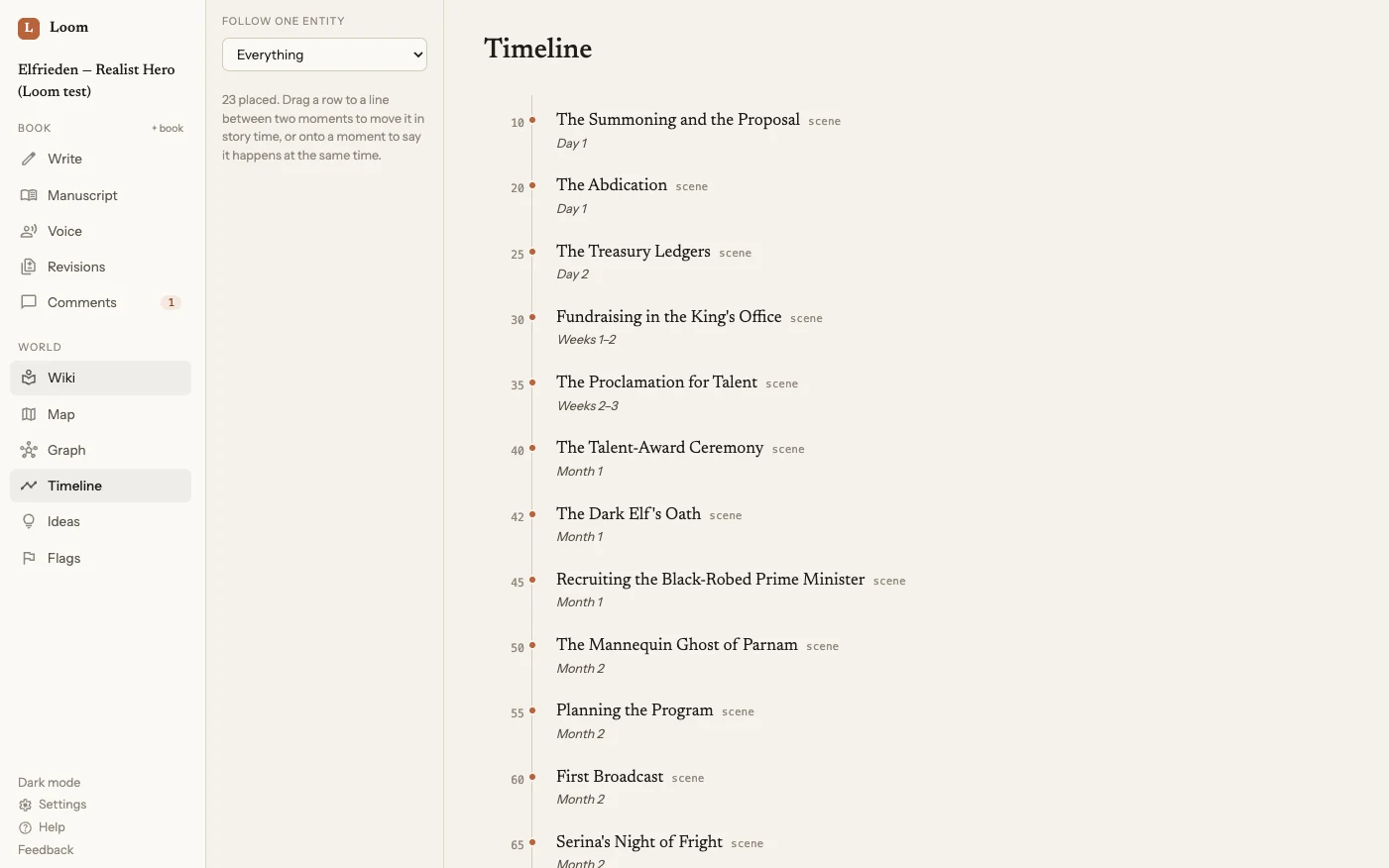 The timeline: every scene in story order down the page with the moment it happens, from the first day to months later, and a filter to follow one character through it