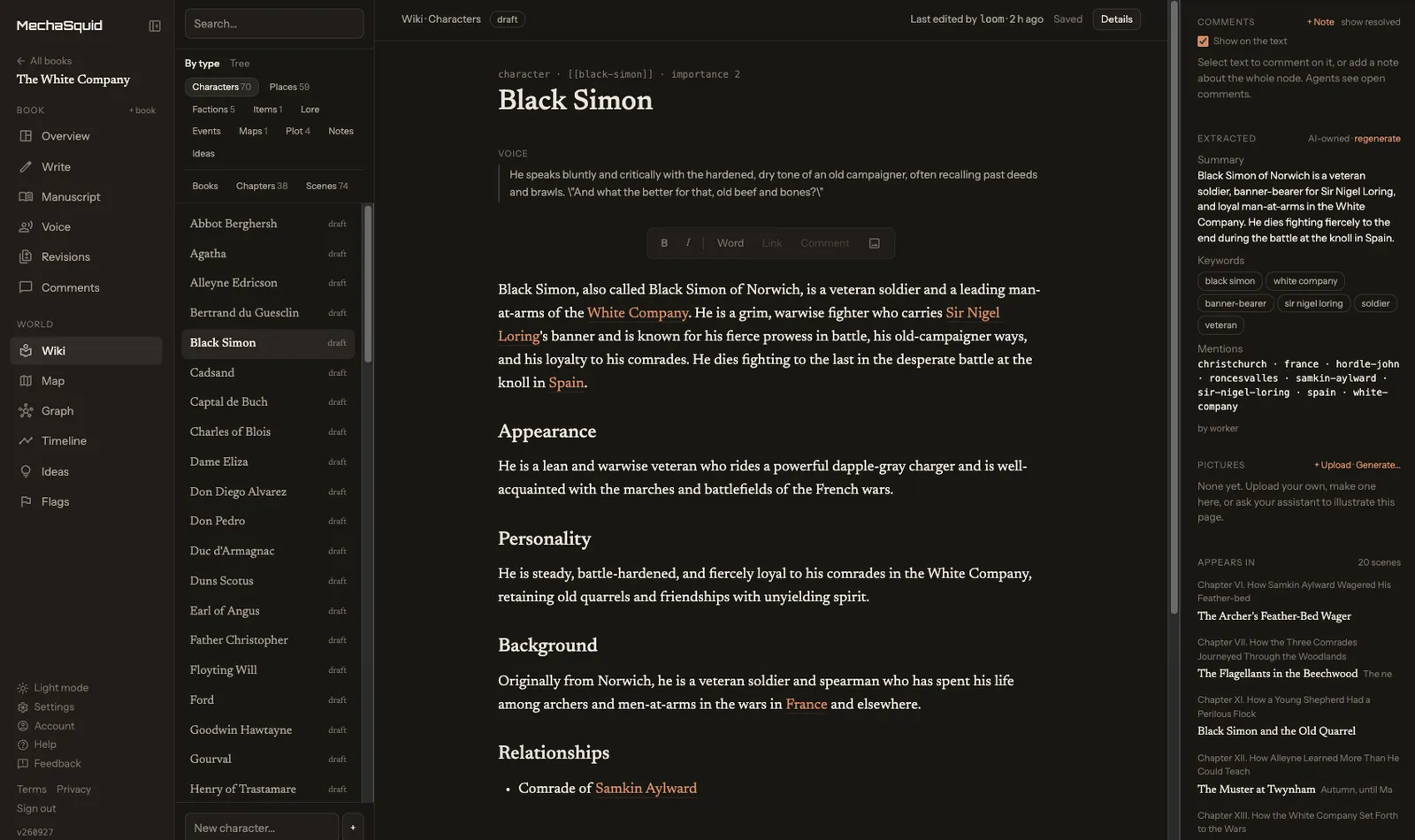 A character's page in the wiki: Black Simon, with how he speaks, his appearance, personality, background and relationships, all drawn from the book, and on the right a summary and the twenty scenes he appears in